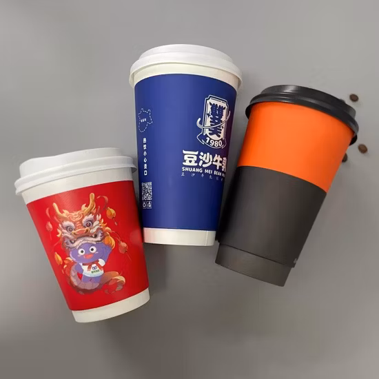4 8 12 16 20 Oz Custom Wholesale Disposable Single Double Ripple Wall Mug Paper Cup Beverage Bubble Boba Milk Tea Coffee Cups for Hot and Cold Drinks with Lids